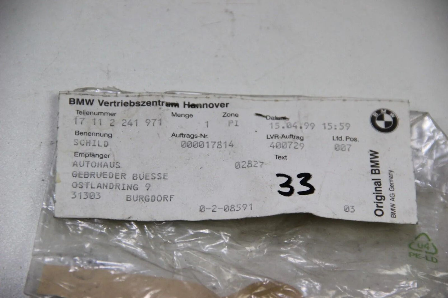 BMW Original E30 E28 Z1 Schild Aufkleber Hinweisschild NOS 17112241971